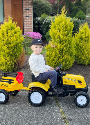 Kids Ride on Tractor with Back Trailer, Shovel & Rake, Horn, Pedal Go Kart for 3 Years Old, Yellow