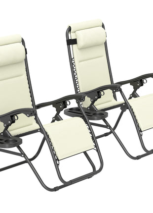 Zero Gravity Lounge Chair Set, 2 Pieces Reclining Folding Outdoor Lounge Chairs with Headrest Side Tray, Cream