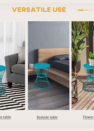 16" Steel Patio Side Table, Garden End Table with Hourglass Design, Accent Table for Outdoor and Indoor Use, Blue