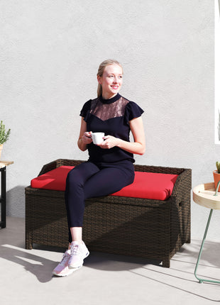 Outdoor Wicker Storage Bench with Storage & Cushion, Red