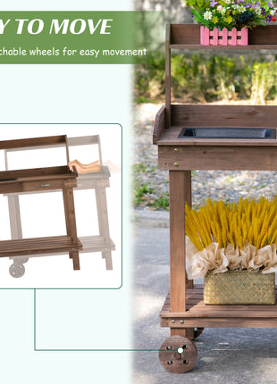 36'' Wooden Potting Bench Work Table with 2 Removable Wheels, Sink, Drawer & Large Storage Spaces, Brown