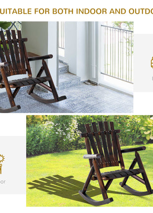 Outdoor Wooden Rocking Chair, Single-Person Rustic Adirondack Rocker with Slatted Seat, High Backrest, Armrests for Patio, Garden and Porch, Brown