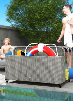 PE Rattan Pool Float Storage Organizer with Wheels, Mixed Gray