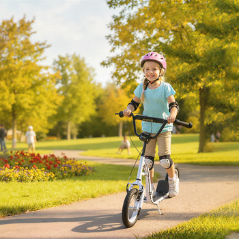 Youth Scooter Front and Rear Caliper Dual Brakes 12-Inch Inflatable Front Wheel Ride On Toy For Age 5+ - White