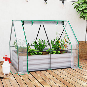 Raised Garden Bed with Cover, Outdoor Galvanized Metal Planter Box Kit, 4 x 3 ft Mini Greenhouse with 2 Large Screen Windows, for Growing Flowers, Vegetables and Herbs, Clear