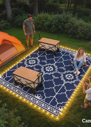 Reversible Outdoor Rug Carpet with LED Lights, 12' x 9' PP Straw Rug with Carry Bag and Ground Stakes