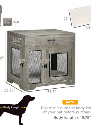Dog Crate Furniture with Soft Water-Resistant Cushion, Drawer, for Small Dogs, Grey