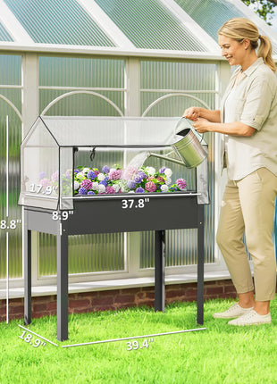 Elevated Garden Box with Greenhouse Cover, Raised Garden Bed with Legs and Drainage Hole for Vegetables, Dark Gray