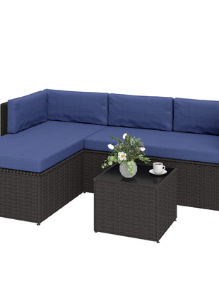 3 Piece Patio Furniture Set, Wicker Outdoor Patio Conversation Furniture Set with Cushions, Glass Top Table, Navy Blue