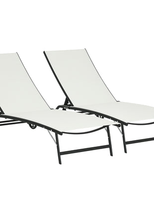 Chaise Lounge Outdoor, 2 Piece Lounge Chair with Wheels, Tanning Chair with 5 Adjustable Positions for Patio, Beach, Yard, Pool, Cream White