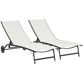 Chaise Lounge Outdoor, 2 Piece Lounge Chair with Wheels, Tanning Chair with 5 Adjustable Positions for Patio, Beach, Yard, Pool, Cream White