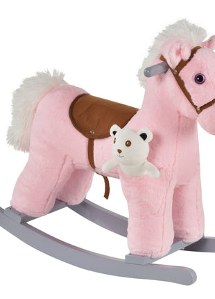 Kids Rocking Horse with Bear Toy, Plush Animal Rocker with Fun Realistic Sounds for Toddler 18-36 Months, Pink