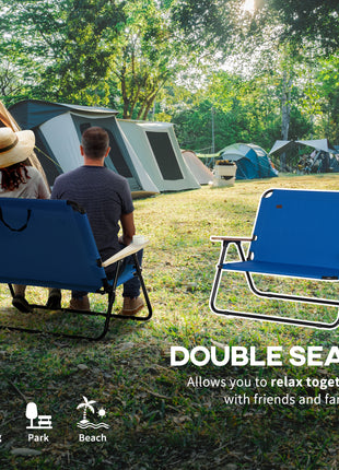 Double Folding Camping Chair, Loveseat for 2 Adults, Portable Camping Couch with Wood Armrest & Cupholders, for Backpacking, Beach, Sports Travel, Blue