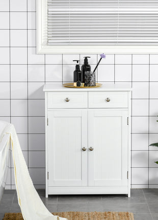 Freestanding Bathroom Floor Cabinet, Wooden Bathroom Cabinet with 2 Doors, 2 Drawers and Adjustable Shelf, White