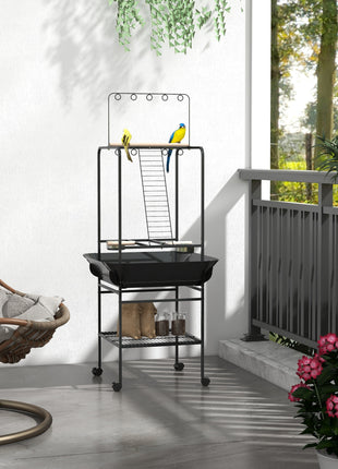Bird Stand with Wheels, Perches, Stainless Steel Feed Bowls, Pull-Out Tray for Indoor Outdoor Small Parrot, Dark Gray
