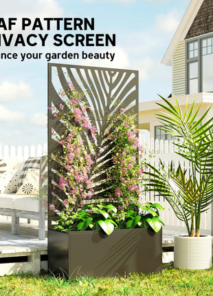 Metal Planter Box with Trellis, Raised Garden Bed with Trellis Large Leaf Cut-Out Privacy Screen for Climbing Plants