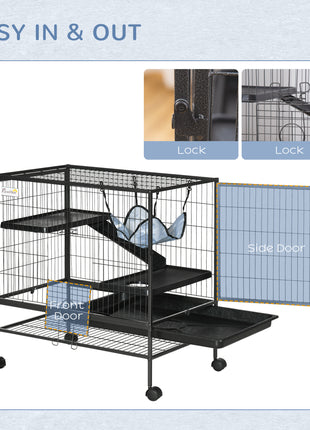Small Animal Cage with Wheels, Pet Playpen for Rat, Syrian Hamster, Kitten, Ferrets, Chinchillas with Bottom Storage Shelf, Removable Tray, Ramp, 31.5" x 20.5" x 33.1"