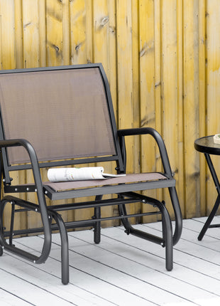 Porch Glider, Metal Frame Swing Glider Chair with Breathable Mesh Fabric, Curved Armrests and Steel Frame for Garden, Poolside, Backyard, Balcony, Brown