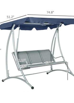 3-Seat Outdoor Porch Swing Chair, Patio Swing Glider with Adjustable Canopy, Breathable Seat, and Steel Frame for Garden, Poolside, Backyard, Blue