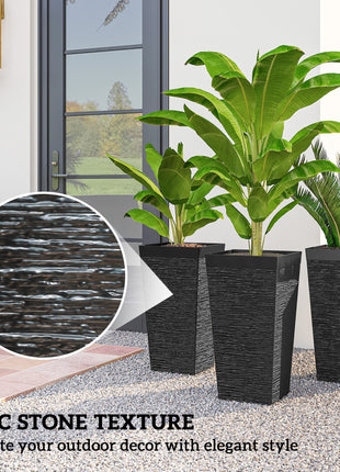 22.8 Inch Set of 3 Outdoor Planters with Stone Finish and Wheels, Stackable Tapered Planters with Drainage Hole, Black