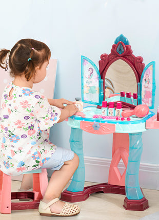Kids Vanity Set with Self-Opening Magic Mirror, Princess Makeup Vanity Table Set with Music, Tabletop with Lights, Imaginative Toy for 3-6 Years Old Child