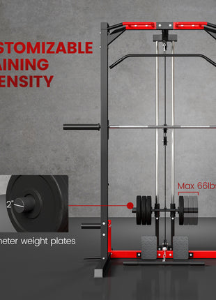 Smith Machine Power Rack with Pull Up Bar, Lat Pull Down System, Landmine, Squat Rack, Barbell Bar, for Home Gym
