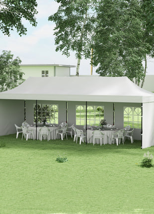 9.5' x 28' Pop Up Canopy Tent, Instant Tent for Parties, Height Adjustable, with Carry Bag and Sand Bags