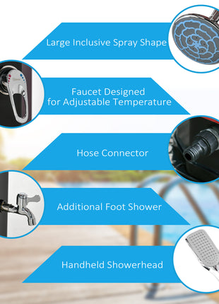 7' Outdoor Solar Heated Shower with 360 Rotating Rainfall & Handheld Shower Head, Foot Shower Faucet, Temperature and Pressure Adjustable, Holds 9.2 Gallons for Backyard Pool