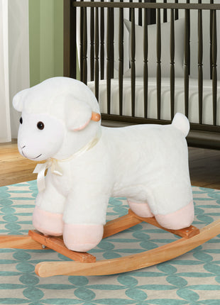 Lamb Rocking Horse Sheep, Nursery Stuffed Animal Ride On Rocker for Kids, Wooden Plush, White