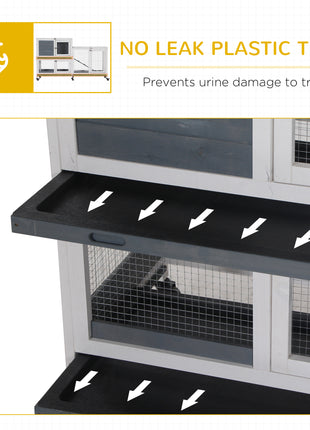 Wooden Rabbit Hutch Bunny Hutch Elevated Pet House Cage Small Animal Habitat with No Leak Tray Lockable Door Openable Top for Rabbits, Chickens, Ducks, Indoor 57.75" x 18" x 32.5" Gray