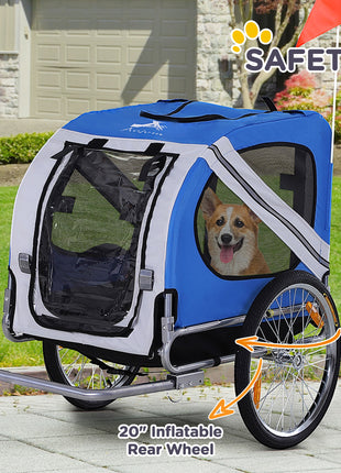 Dog Bike Trailer, Pet Wagon Bicycle Trailer with Easy Folding Cart Frame, 20" Large Rubber Wheels, 3 Entrances, Mesh Screen, Pet Bike Trailer for Off-Road & Travel, Blue and White