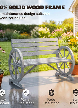 41" Wooden Wagon Wheel Bench, Rustic Outdoor Patio Bench Weather Resistance Furniture, 2-Person Slatted Seat with Backrest, Light Gray