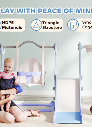 4 in 1 Toddler Slide and Swing Set for Ages 1.5-4, Toddler Playset Playground with Climber, Basketball Hoop, Light Blue