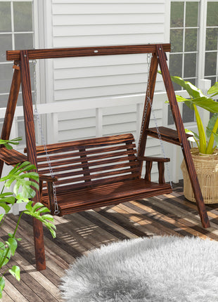 2-Seat Outdoor Swing Chair with Stand and Side Tables for Garden, Poolside, Backyard, Carbonized