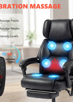 High Back Vibration Massage Office Chair Heated Reclining Computer Chair w/ Footrest, Swivel Wheels, Remote, Black