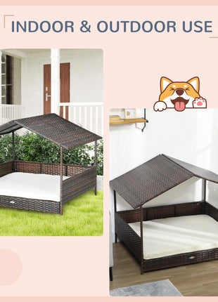 Outdoor Dog Bed with Canopy, Rattan Dog Bed with Soft Cushion Removable Cover for Medium and Large Dogs, Cream White