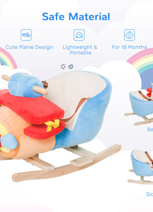 Kids Rocking Horse, Wooden Plush Ride-on Plane Chair Toy with Lullby Song and Seat Belt for 18 Month +