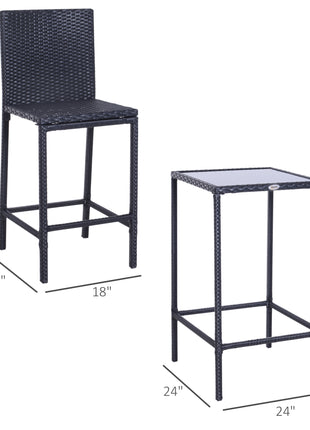 3 PCS Rattan Bar Set with Glass Top Table, 2 Bar Stools for Outdoor, Patio, Garden, Poolside, Backyard