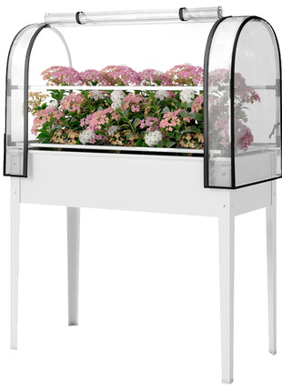 Raised Garden Bed with Flip-Up Greenhouse Cover, Metal Elevated Garden Bed with Legs and Drainage Hole, White