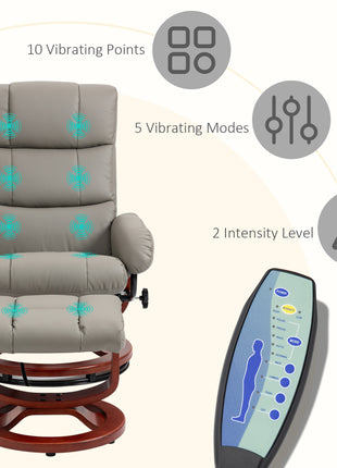 Massage Recliner Chair with Ottoman, Swivel Recliner and Footrest, Faux Leather Reclining Chair with Remote Control, 10 Vibration Point and Side Pocket, Gray