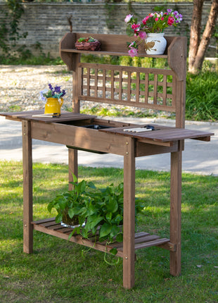 Outdoor Potting Bench Table, Wooden Workstation with Sliding Tabletop, Storage Shelf and Dry Sink, for Greenhouse, Garden, Patio, Brown