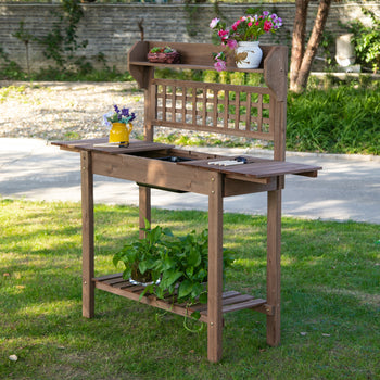Outdoor Potting Bench Table, Wooden Workstation with Sliding Tabletop, Storage Shelf and Dry Sink, for Greenhouse, Garden, Patio, Brown