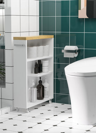 Slim Bathroom Cabinet with Castor Wheels Storage Organizer and Wood Shelves To Fit In Small Spaces, White