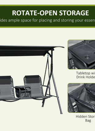 2-Seat Outdoor Porch Swing, with Pivot Storage Table, Cup Holder, & Adjustable Overhead Canopy, Stand's Skid-Resistant Feet Pad, Breathable Mesh Seat, Steel Frame, for Patio, Black