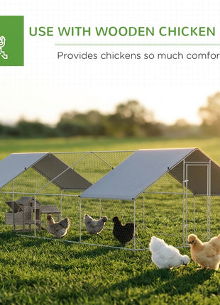 Large Chicken Coop Metal Chicken Run with Waterproof and Anti-UV Cover, Spire Shaped Walk in Fence Cage Hen House for Outdoor and Yard Farm Use, 1" Tube Diameter, 9.8' x 26.2' x 6.6'