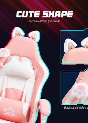 Cute Racing Gamer Chair, Faux Leather Gaming Chair with Footrest, Headrest and Lumbar Support, Pink