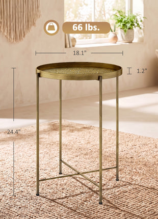 Coffee Table for Living Room, 18" Round Center Table with Hammered Tray Top and Metal Frame for Bedroom, Gold