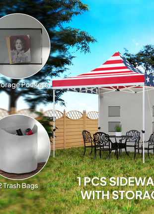 10' x 10' Heavy Duty Pop Up Canopy Tent with Sidewall, UPF50+ Instant Sun Shelter with Storage Pockets, American Flag