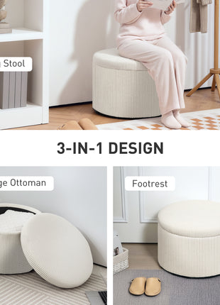 24 Inches Round Storage Ottoman Stool with Lid, Upholstered Corduroy Foot Rest for Living Room, Bedroom, Beige