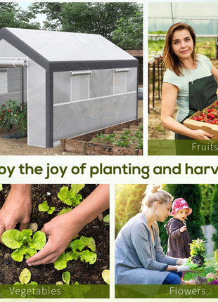 12' x 7' x 7' Greenhouse, Walk-in Outdoor Tunnel Green House with PE Cover, Steel Frame, 2 Roll-Up Zipper Doors & 4 Windows for Flowers, Vegetables, Tropical Plants, White/Dark Gray